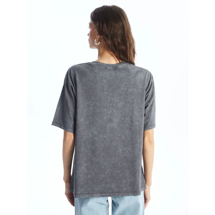 LCW Vision Antrasit Bisiklet Yaka Baskılı Kısa Kollu Oversize Kadın Tişört