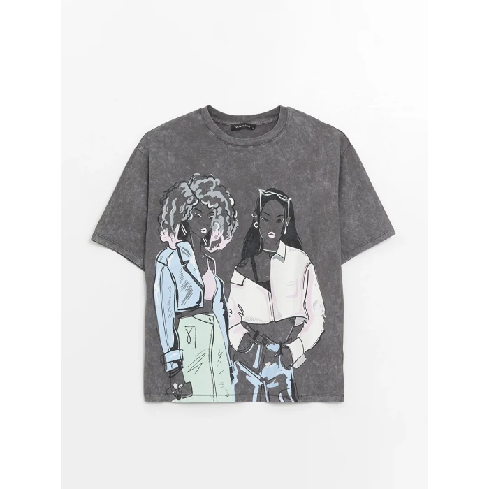 LCW Vision Antrasit Bisiklet Yaka Baskılı Kısa Kollu Oversize Kadın Tişört