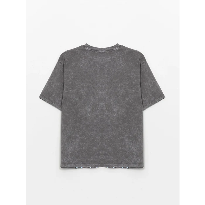 LCW Vision Antrasit Bisiklet Yaka Baskılı Kısa Kollu Oversize Kadın Tişört