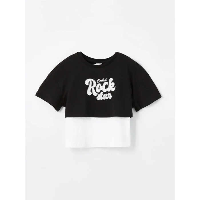 LCW Kids Siyah Bisiklet Yaka Baskılı Kısa Kollu Kız Çocuk Crop Tişört ve Atlet