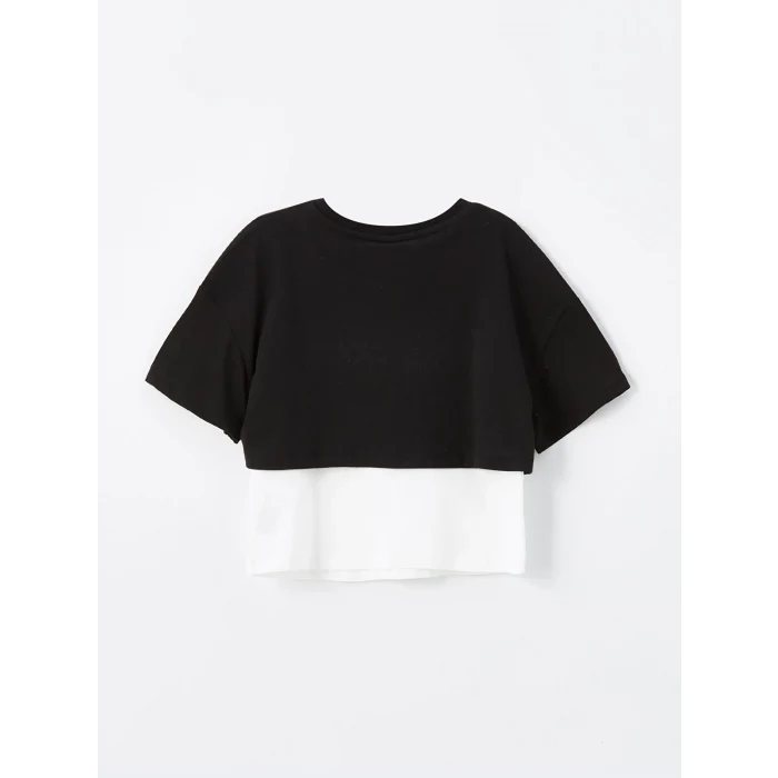 LCW Kids Siyah Bisiklet Yaka Baskılı Kısa Kollu Kız Çocuk Crop Tişört ve Atlet