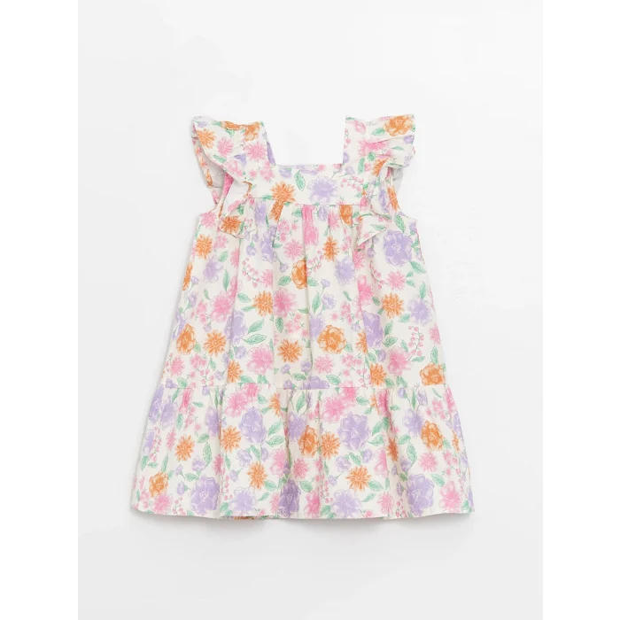 LCW Kids Ekru Kare Yaka Kız Bebek Poplin Elbise