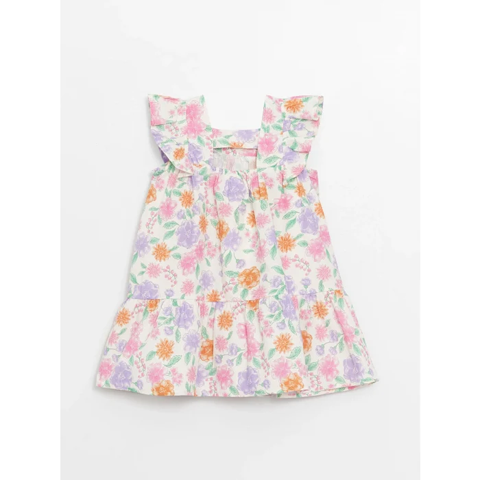 LCW Kids Ekru Kare Yaka Kız Bebek Poplin Elbise