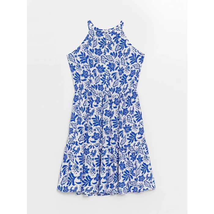 LCW Kids Mavi Halter Yaka Çiçekli Kız Çocuk Elbise