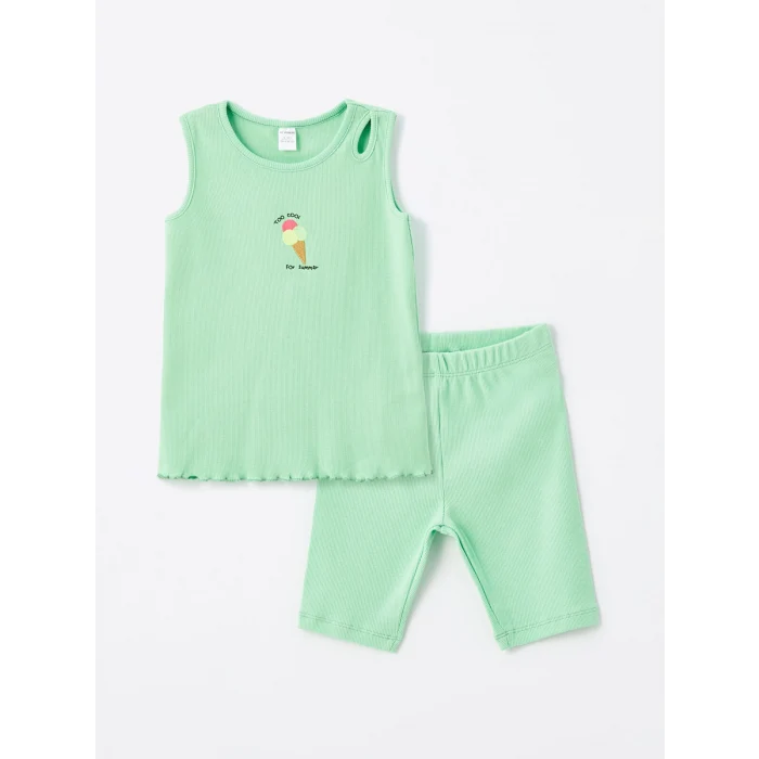 LCW Kids Yeşil Bisiklet Yaka Kız Bebek Bluz ve Şort 2li Takım