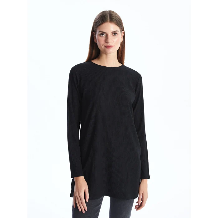 LCWAIKIKI Basic Siyah Bisiklet Yaka Düz Uzun Kollu Kadın Tunik