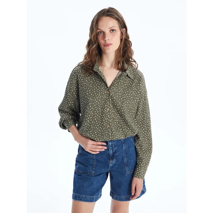 LCW Vision Yeşil Desenli Uzun Kollu Oversize Kadın Gömlek