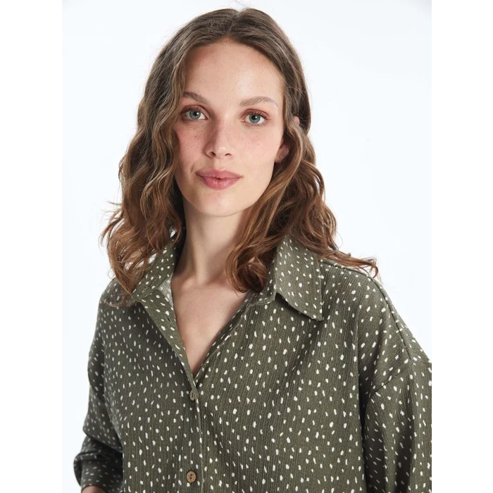 LCW Vision Yeşil Desenli Uzun Kollu Oversize Kadın Gömlek