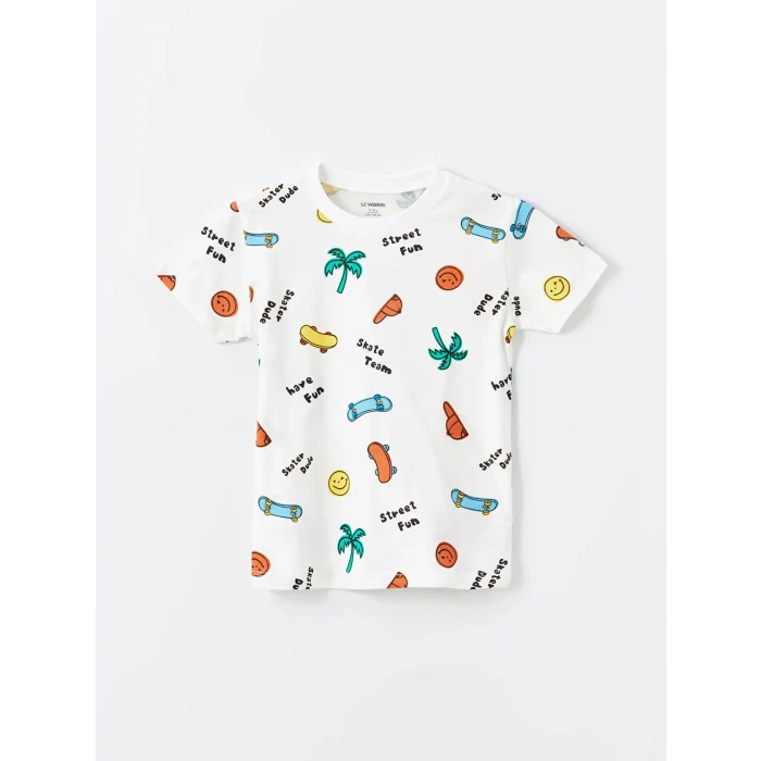LCW Kids Ekru Bisiklet Yaka Baskılı Erkek Bebek Tişört ve Şort 2li Takım