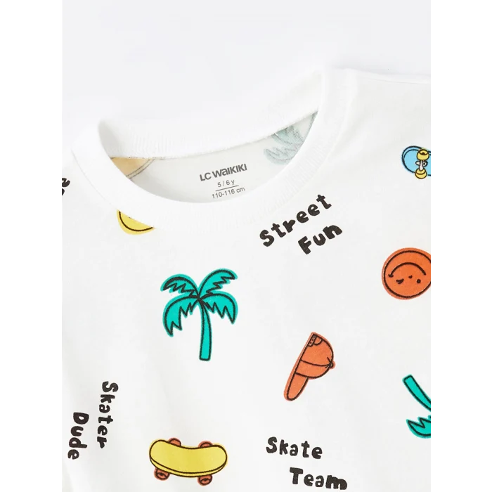 LCW Kids Ekru Bisiklet Yaka Baskılı Erkek Bebek Tişört ve Şort 2li Takım