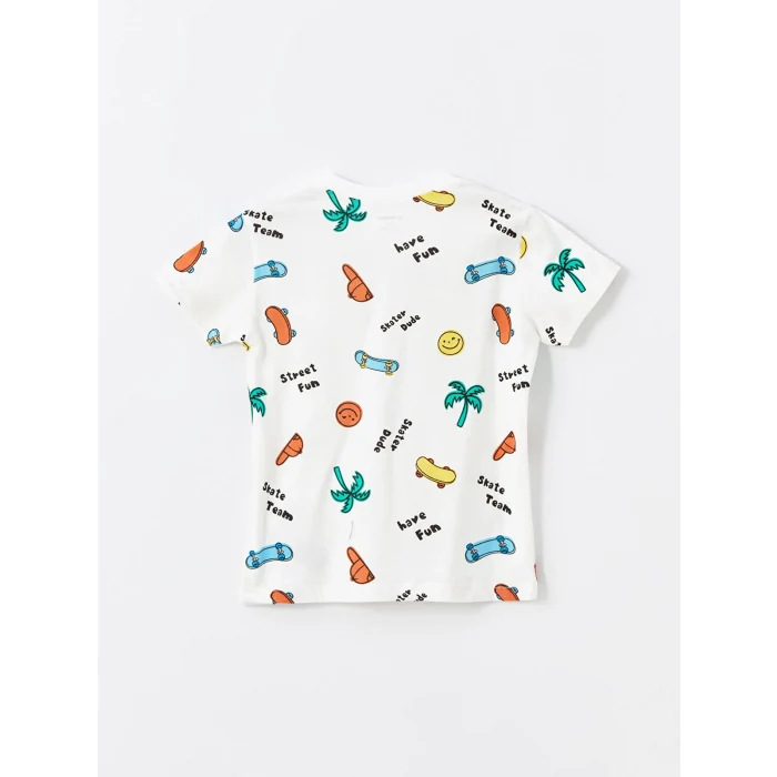 LCW Kids Ekru Bisiklet Yaka Baskılı Erkek Bebek Tişört ve Şort 2li Takım