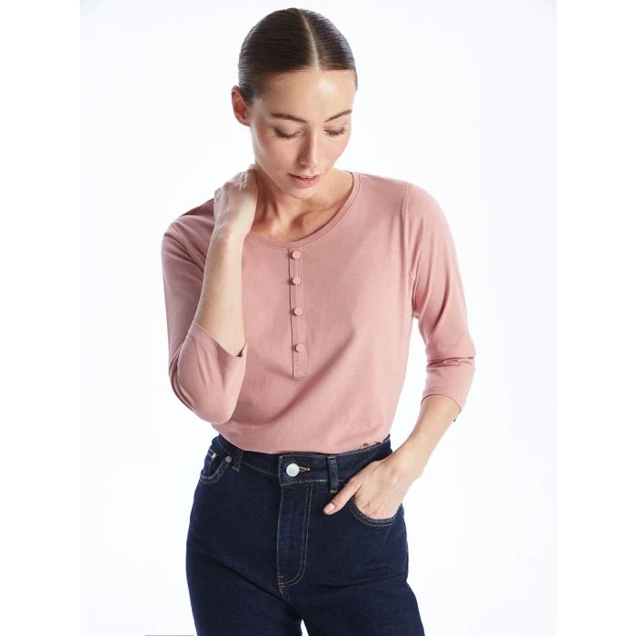 LCWAIKIKI Basic Pembe Kadın Bisiklet Yaka Düz Bluz