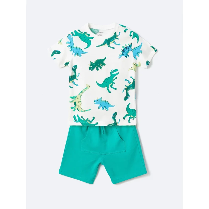 LCW Kids Ekru Bisiklet Yaka Kısa Kollu Baskılı Erkek Bebek Tişört ve Şort 2li Takım