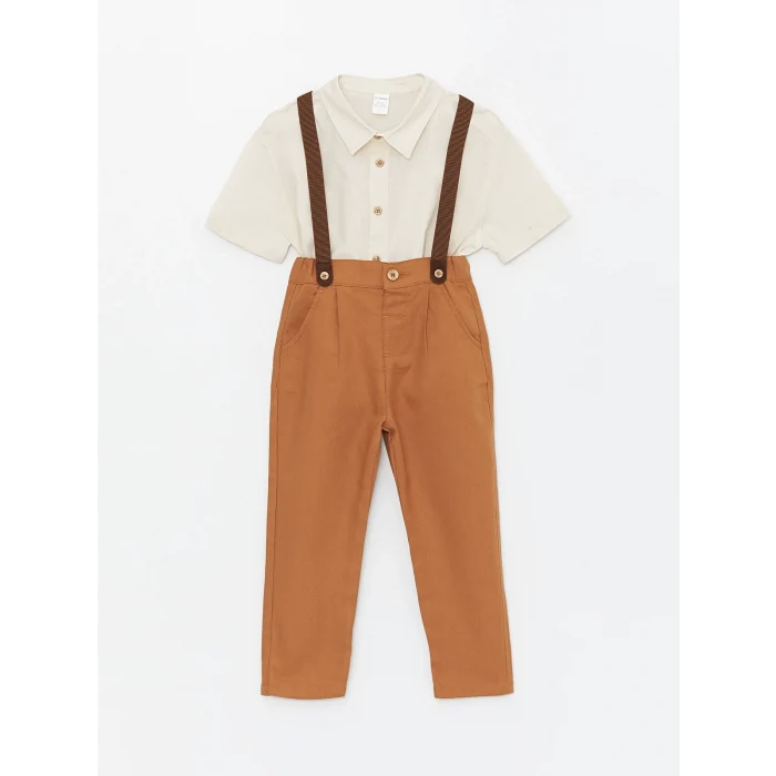 LCW Kids Bej Kısa Kollu Erkek Bebek Gömlek Pantolon ve Pantolon Askısı 3lü Takım