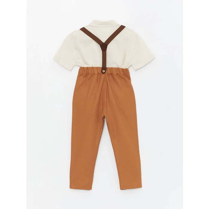 LCW Kids Bej Kısa Kollu Erkek Bebek Gömlek Pantolon ve Pantolon Askısı 3lü Takım