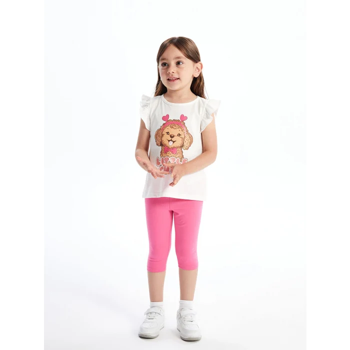 LCW Kids Ekru Bisiklet Yaka Baskılı Kız Bebek Bluz ve Tayt 2li