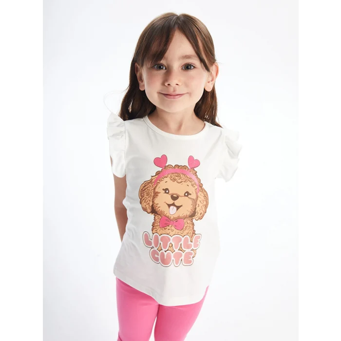 LCW Kids Ekru Bisiklet Yaka Baskılı Kız Bebek Bluz ve Tayt 2li