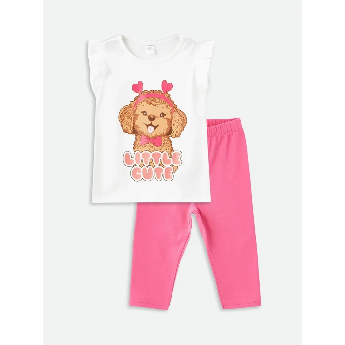 LCW Kids Ekru Bisiklet Yaka Baskılı Kız Bebek Bluz ve Tayt 2li