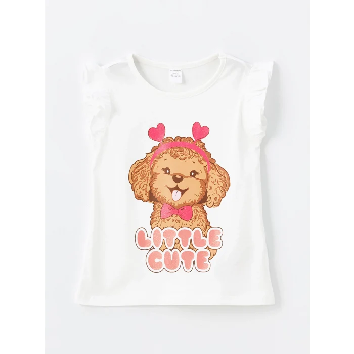 LCW Kids Ekru Bisiklet Yaka Baskılı Kız Bebek Bluz ve Tayt 2li