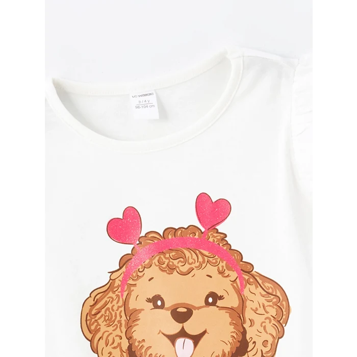 LCW Kids Ekru Bisiklet Yaka Baskılı Kız Bebek Bluz ve Tayt 2li