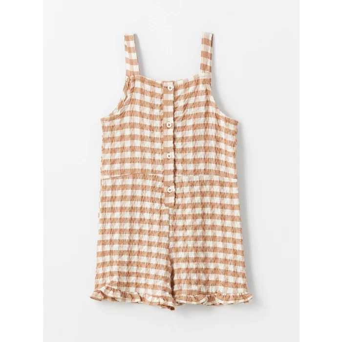 LCW Kids Kahverengi Kare Yaka Askılı Ekose Desenli Kız Bebek Salopet