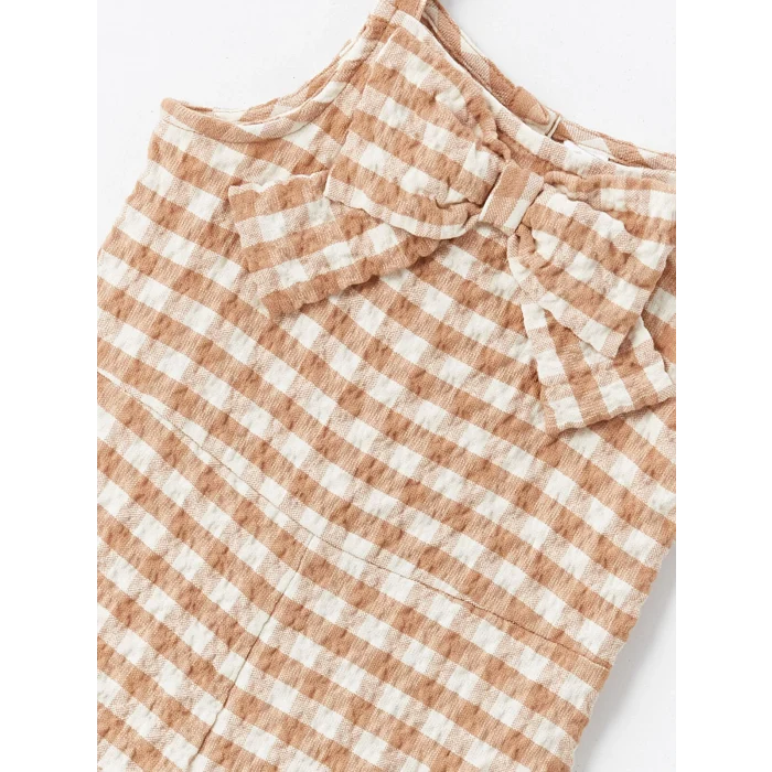 LCW Kids Kahverengi Kare Yaka Askılı Ekose Desenli Kız Bebek Salopet