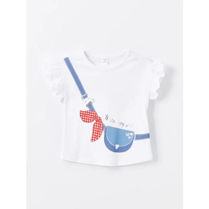 LCW Kids Ekru Bisiklet Yaka Baskılı Kız Bebek Bluz ve Şort Etek 2li Takım