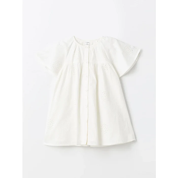 LCW Kids Ekru Bisiklet Yaka Kız Bebek Dantel Elbise