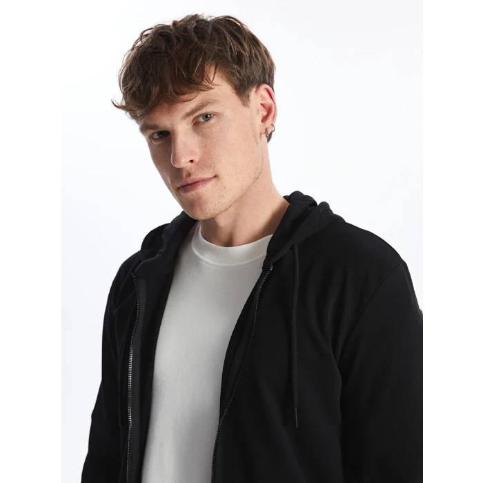 LCW Casual Siyah Kapüşonlu Uzun Kollu Erkek Fermuarlı Sweatshirt