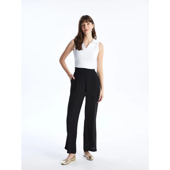 LCWAIKIKI Classic Siyah Beli Lastikli Dokulu Geniş Paça Kadın Pantolon