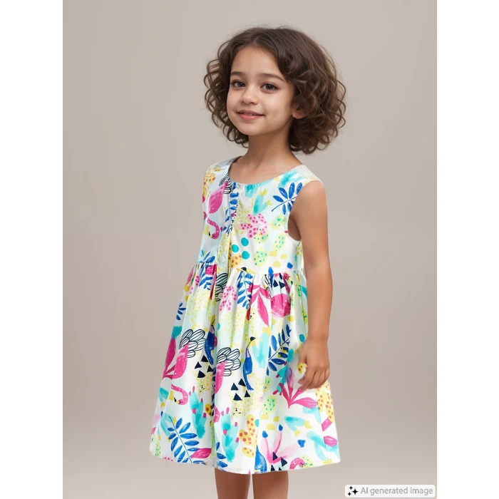 LCW Kids Ekru Bisiklet Yaka Çiçekli Poplin Kız Bebek Elbise