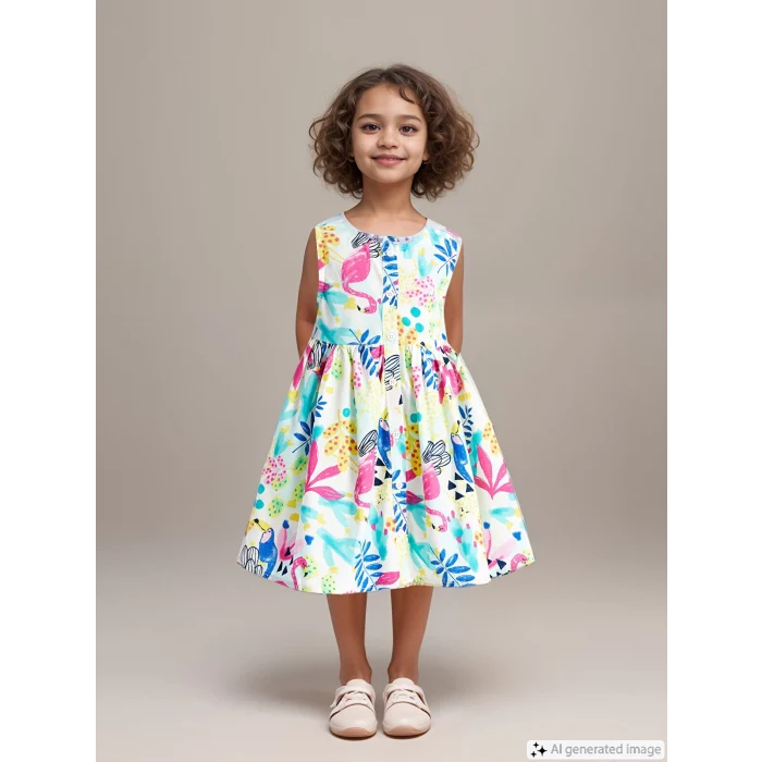 LCW Kids Ekru Bisiklet Yaka Çiçekli Poplin Kız Bebek Elbise