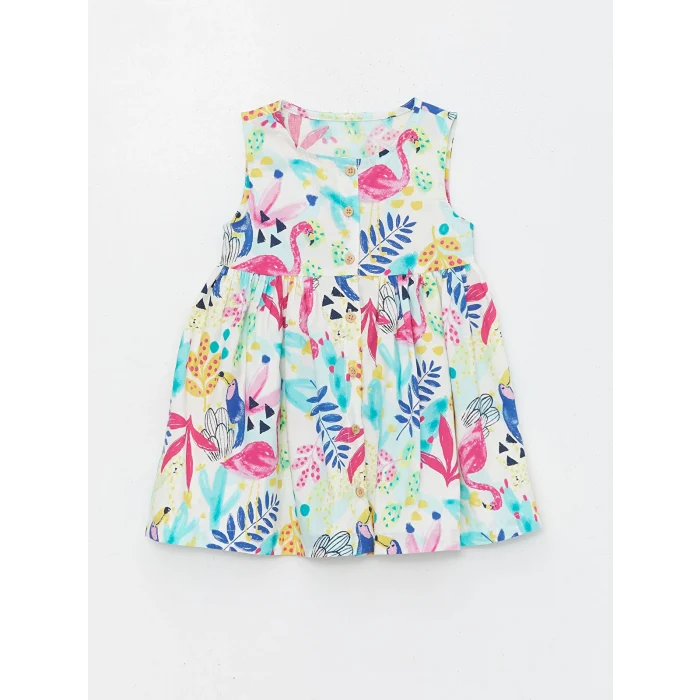 LCW Kids Ekru Bisiklet Yaka Çiçekli Poplin Kız Bebek Elbise