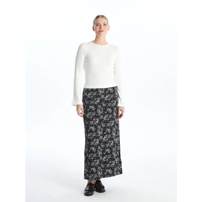 LCW Grace Siyah Beli Lastikli Desenli Kadın Etek