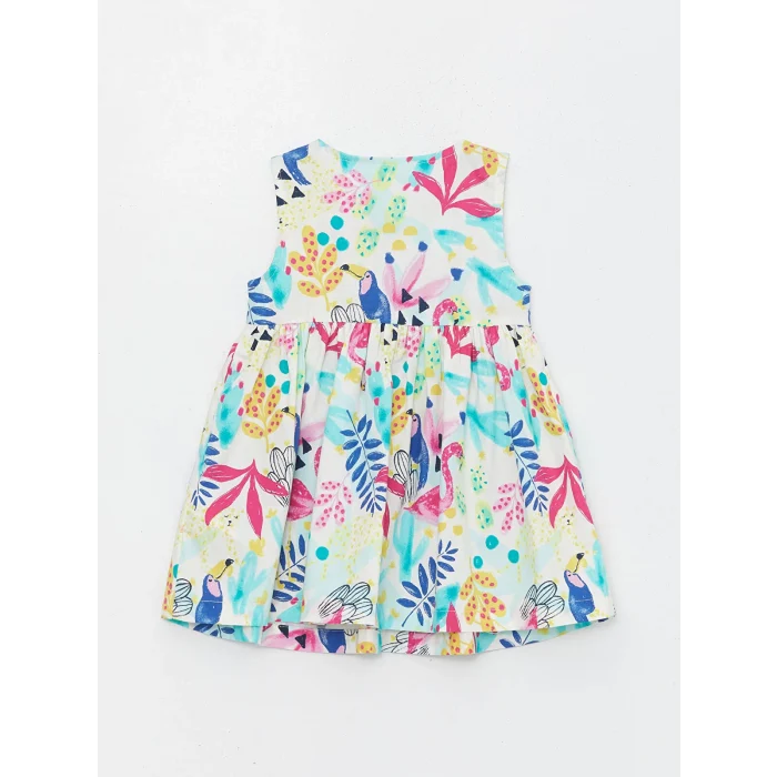 LCW Kids Ekru Bisiklet Yaka Çiçekli Poplin Kız Bebek Elbise
