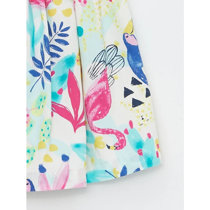 LCW Kids Ekru Bisiklet Yaka Çiçekli Poplin Kız Bebek Elbise