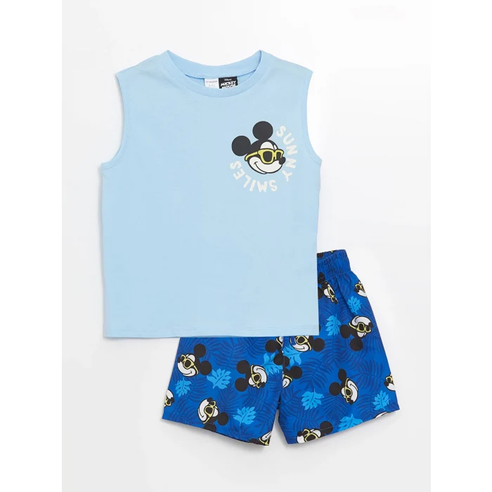 LCW Kids Mavi Bisiklet Yaka Kolsuz Mickey Mouse Baskılı Erkek Bebek Atlet ve Deniz Şortu 2li Takım