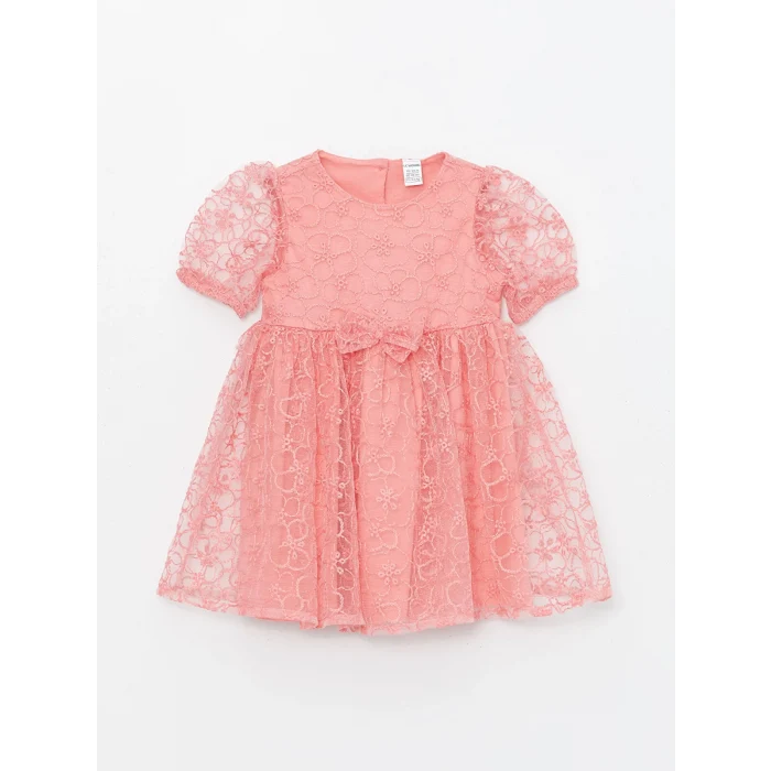 LCW Kids Pembe Bisiklet Yaka Kısa Kollu Dantel Kız Bebek Elbise
