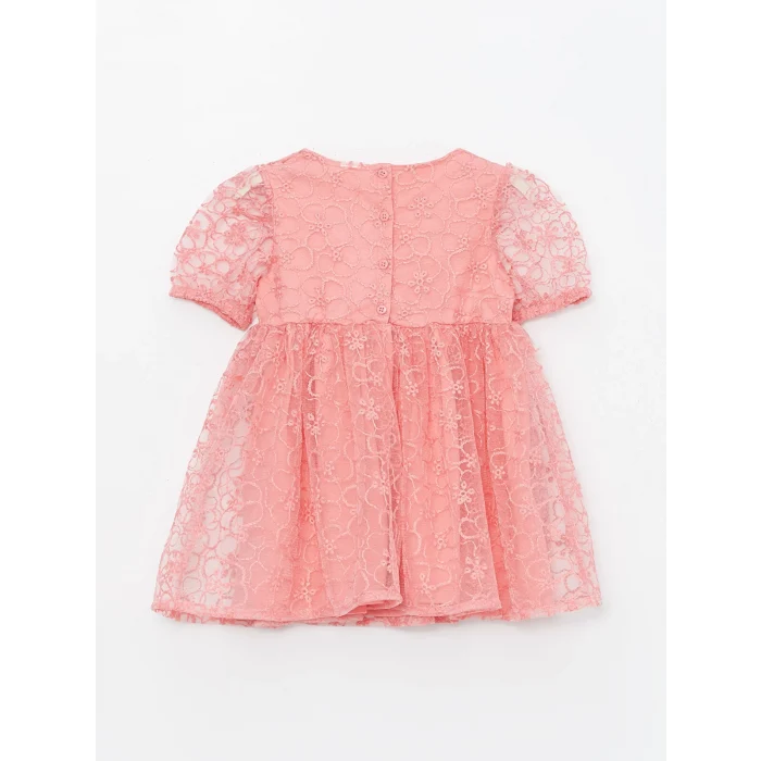 LCW Kids Pembe Bisiklet Yaka Kısa Kollu Dantel Kız Bebek Elbise