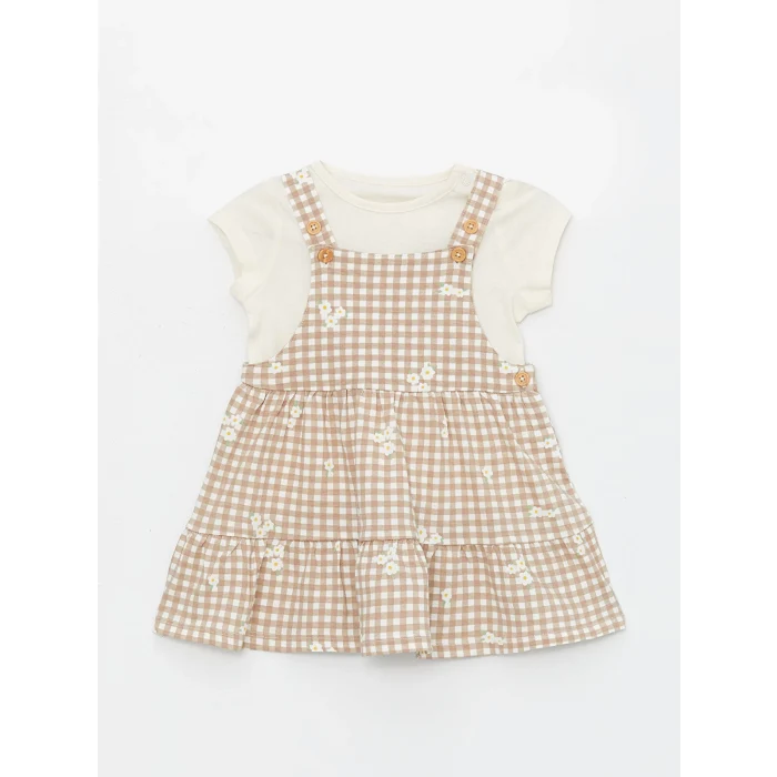 LCW baby Bej Kare Yaka Kolsuz Kız Bebek Elbise ve Tişört