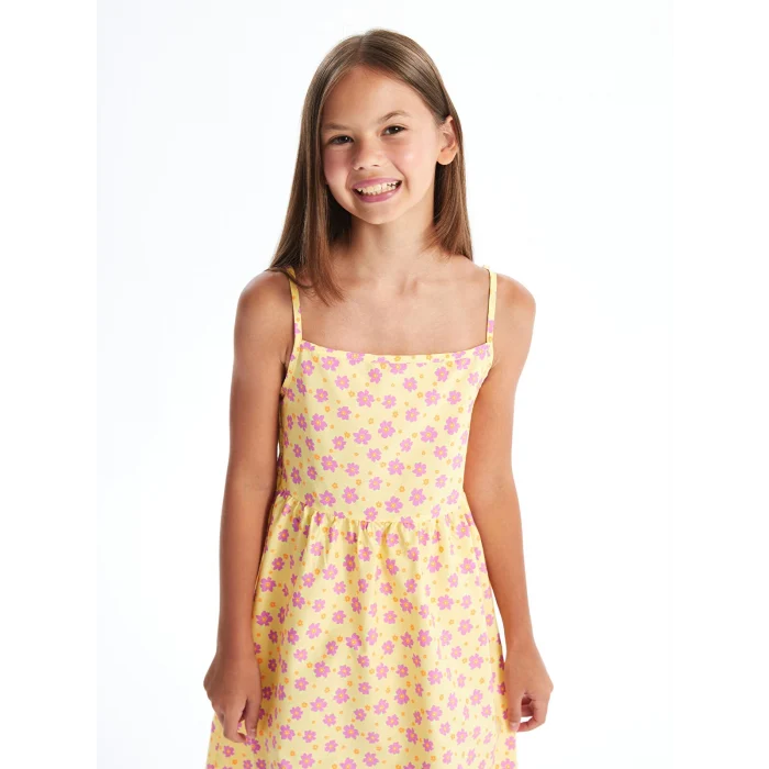 LCW Kids Sari Kare Yaka Baskılı Kız Çocuk Elbise