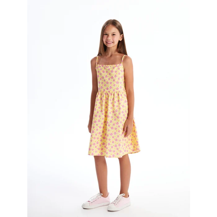 LCW Kids Sari Kare Yaka Baskılı Kız Çocuk Elbise
