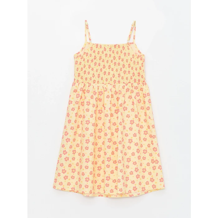 LCW Kids Sari Kare Yaka Baskılı Kız Çocuk Elbise