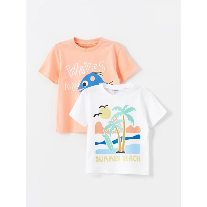 LCW Kids Beyaz Bisiklet Yaka Kısa Kollu Baskılı Erkek Bebek Tişört 2li