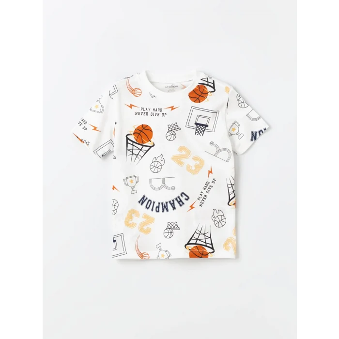 LCW Kids Ekru Bisiklet Yaka Baskılı Erkek Bebek Tişört ve Şort 2li Takım