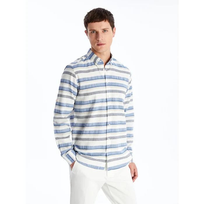 LCWAIKIKI Classic Indigo Regular Fit Uzun Kollu Çizgili Poplin Erkek Gömlek