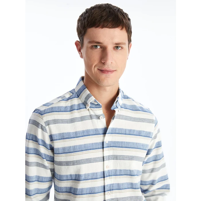 LCWAIKIKI Classic Indigo Regular Fit Uzun Kollu Çizgili Poplin Erkek Gömlek