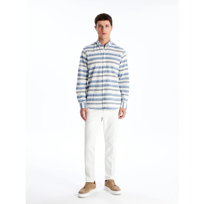LCWAIKIKI Classic Indigo Regular Fit Uzun Kollu Çizgili Poplin Erkek Gömlek