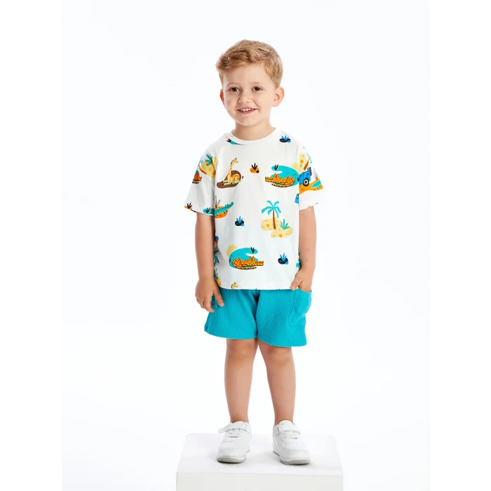 LCW Kids Ekru Bisiklet Yaka Baskılı Erkek Bebek Tişört ve Şort 2li Takım