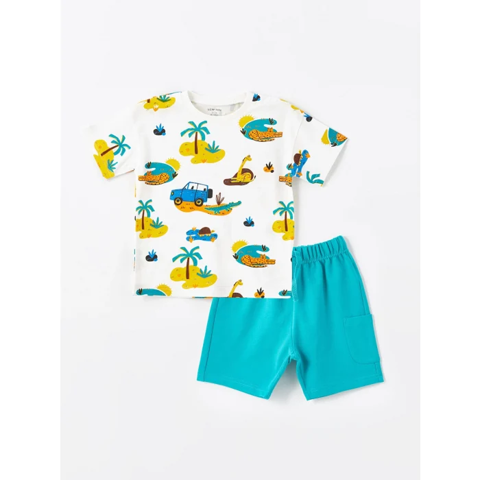 LCW Kids Ekru Bisiklet Yaka Baskılı Erkek Bebek Tişört ve Şort 2li Takım